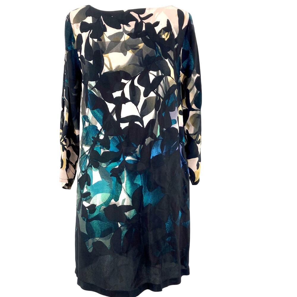 Anthropologie Maeve Womenβs blue green ombrΓ© floral longβ sleeve tunic dress (M)